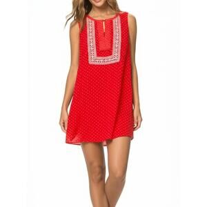 Ya Los Angeles Mini Short Dress Red Multi Keyhole Embroidery Casual Boho Size S